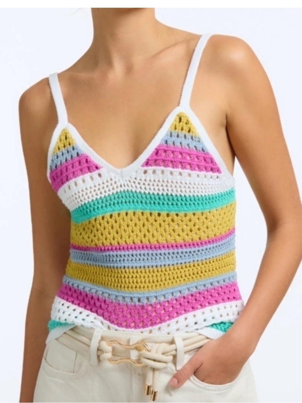 525 America Multicolor Crochet V-Neck Camisole in White, Pink & Yellow